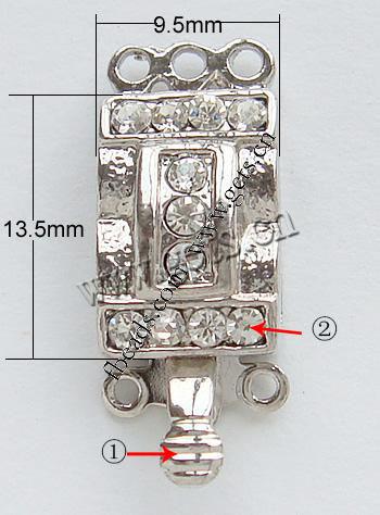 Zinc Alloy Box Clasp, Rectangle, plated, 3-strand & with Mideast rhinestone, more colors for choice, nickel, lead & cadmium free, 9.5x13.5mm, Hole:Approx 1.5mm, Sold By PC