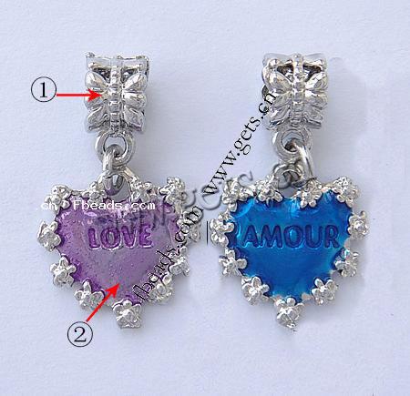 Zinc Alloy European Pendants, with enamel, Heart, word love, plated, with letter pattern & without troll & enamel, more colors for choice, nickel, lead & cadmium free, 29x17x7mm, Hole:Approx 5mm, Sold By PC