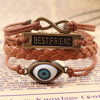 Evil Eye Schmuck Armband, PU Leder, bösen Blick & MottoDevise & UnendlichkeitGrenzenlosigkeit, mit Wachsschnur & Harz & Zinklegierung, blöser Blick, antike Bronzefarbe plattiert, 4-Strang, braun, frei von Blei & Kadmium, 60mm, Länge:6-7.8 ZollInch, 12SträngeStrang/Menge, verkauft von Menge