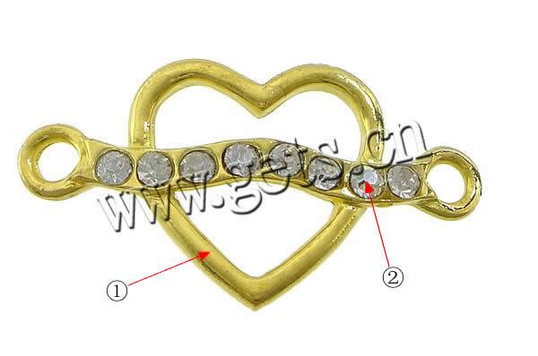 Conector de aleación de Zinc de diamantes de imitación, Corazón, chapado, Modificado para requisitos particulares & con diamantes de imitación & 1/1 aro, más colores para la opción, 34x19x3mm, agujero:aproximado 3mm, Vendido por UD