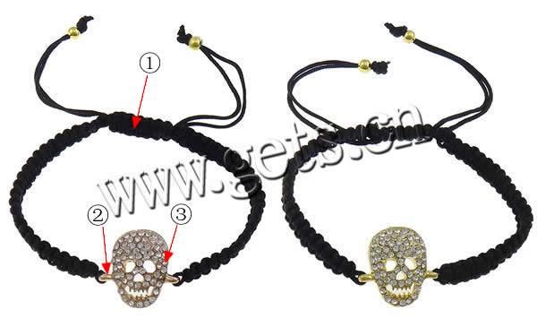 Zinc Alloy Woven Ball Bracelets, with Nylon Cord & Brass, Skull, plated, Customized & with rhinestone, more colors for choice, 19x18x4mm, 4mm, 5mm, Length:6-10 Inch, Sold By Strand