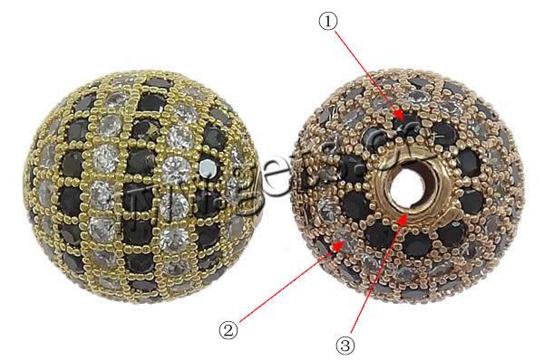 Cubic Zirconia Micro Pave Brass Beads, Round, plated, micro pave cubic zirconia, more colors for choice, 12mm, Hole:Approx 2mm, Sold By PC