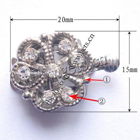 Cierre de Aleación de Zinc para Caja, Flor, chapado, con diamantes de imitación de Mideast & sarta sola, más colores para la opción, libre de níquel, 20x15x7mm, agujero:aproximado 1mm, Vendido por UD