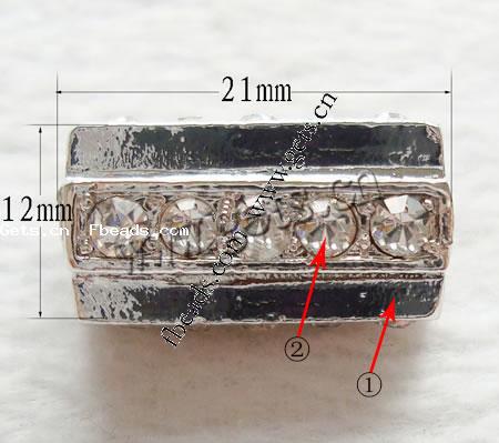 Strass Zink Legierung Europa Perlen, Zinklegierung, Rohr, plattiert, mit Strass von Nahost & ohne troll, keine, frei von Nickel, Blei & Kadmium, 21x12mm, Bohrung:ca. 6mm, verkauft von PC