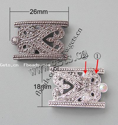 barre d'entretoise en stras , strass, avec alliage de zinc, rectangle, Placage, 2 fils, plus de couleurs à choisir, 26x18x3mm, Trou:Environ 1.5mm, Vendu par PC