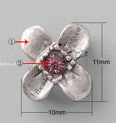 Rheinkiesel Zinklegierung Verbinder, Blume, plattiert, mit Strass, keine, frei von Nickel, Blei & Kadmium, 11x10x5mm, Bohrung:ca. 1.5mm, verkauft von PC