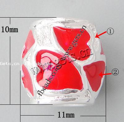 Emaille Zink Legierung Europa Perlen, Zinklegierung, Trommel, plattiert, mit einem Muster von Herzen & ohne troll & großes Loch, keine, frei von Nickel, Blei & Kadmium, 11x10mm, Bohrung:ca. 4.2-4.5mm, verkauft von PC