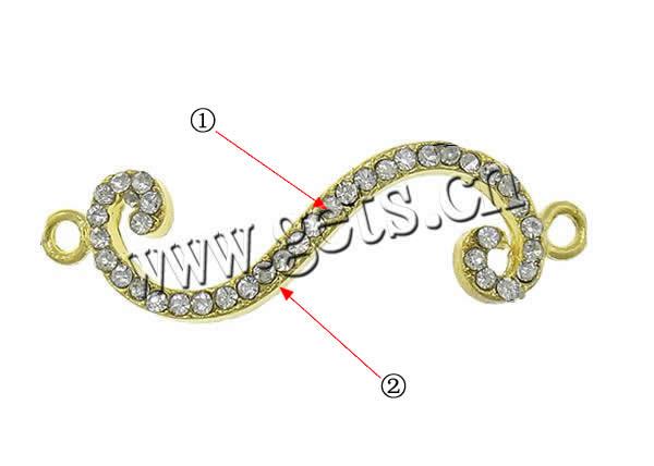 Rheinkiesel Zinklegierung Verbinder, Buchstabe S, plattiert, Kundenindividuell & mit Strass & 1/1-Schleife, keine, frei von Kadmium, 44x12x3mm, Bohrung:ca. 2.5mm, verkauft von PC