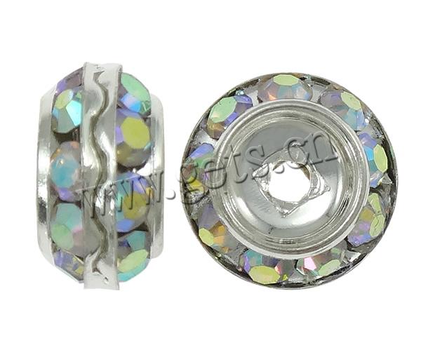 Rondelle Rhinestone Spacer, with Brass, Flat Round, plated, with rhinestone, more colors for choice, 11x11x3mm, Hole:Approx 3mm, Sold By PC