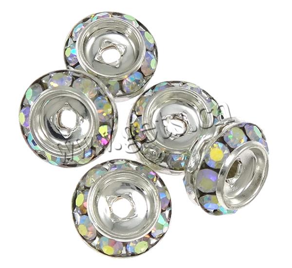 Rondelle Rhinestone Spacer, with Brass, Flat Round, plated, with rhinestone, more colors for choice, 11x11x3mm, Hole:Approx 3mm, Sold By PC