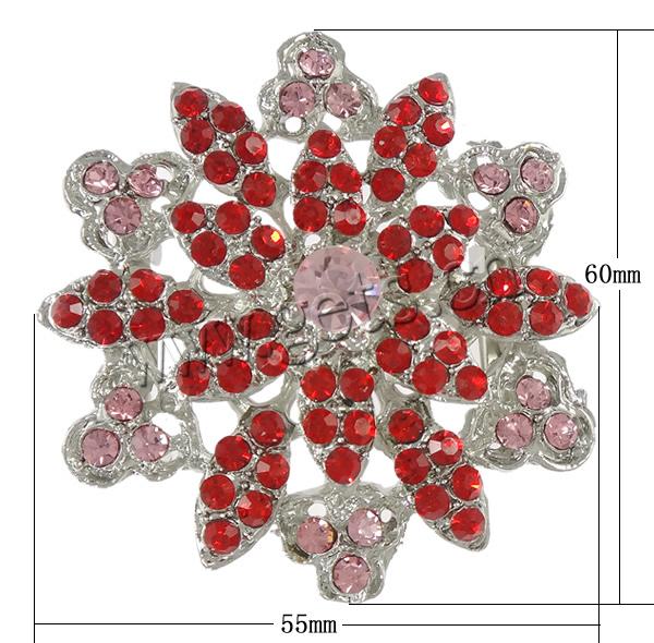 Zinc Alloy Jewelry Brooch, Flower, plated, with rhinestone, more colors for choice, lead & cadmium free, 55x60x11mm, Sold By PC