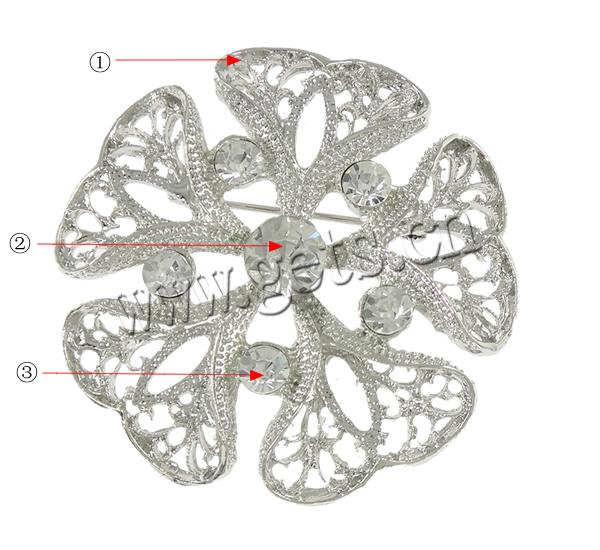 Bijoux broche en Zinc alliage , alliage de zinc, fleur, Placage, avec strass, plus de couleurs à choisir, sans plomb et cadmium, 58x58x10mm, Vendu par PC