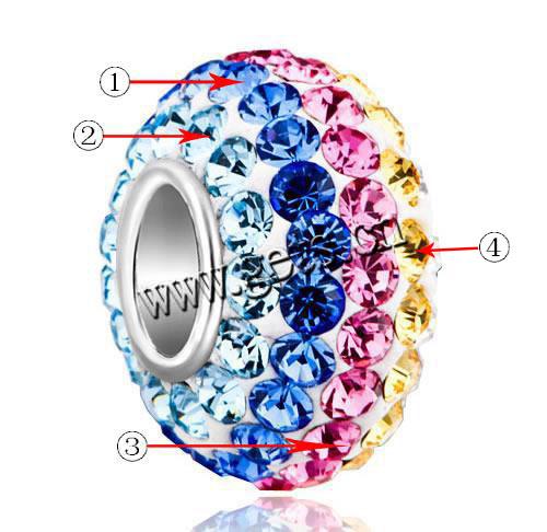 Abalorios de Europeo de latón con diamantes de imitación, Arcilla analiar de diamantes de imitación AB, Toroidal, chapado en color de plata, núcleo singular de metal sin rosca, más colores para la opción, libre de níquel, plomo & cadmio, 9x13mm, agujero:aproximado 4.5mm, Vendido por UD