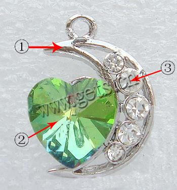 Zinc Alloy Rhinestone Pendants, Moon, plated, with rhinestone, more colors for choice, 19x15x6mm, Hole:Approx 1mm, Sold By PC