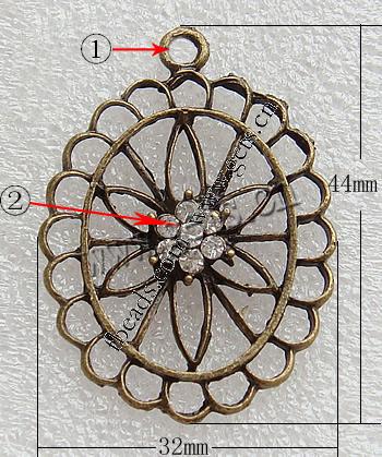 Zinklegierung Blume Anhänger, plattiert, mit Strass & hohl, keine, 32x44x2mm, Bohrung:ca. 3mm, verkauft von PC