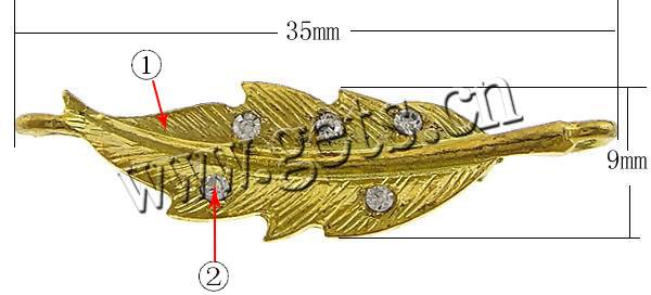 Rheinkiesel Zinklegierung Verbinder, Blatt, plattiert, Kundenindividuell & mit Strass & 1/1-Schleife, keine, frei von Kadmium, 35x9x2.5mm, Bohrung:ca. 2mm, verkauft von PC