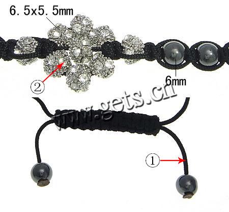 Zinc Alloy Woven Ball Bracelets, with Wax Cord & Hematite, handmade, Customized & with A grade rhinestone, more colors for choice, 6.5x5.5mm, 6mm, Length:Approx 6-11 Inch, Sold By Strand