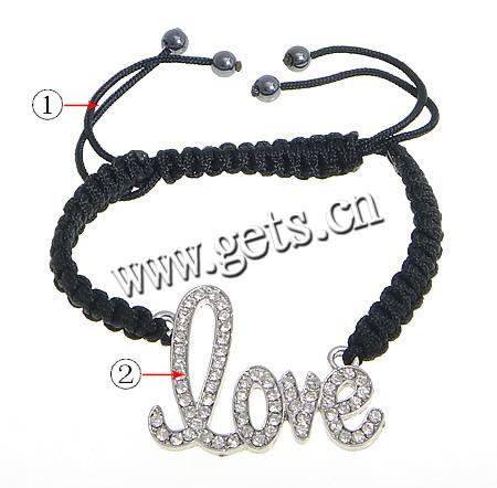 Zinc Alloy Woven Ball Bracelets, with Wax Cord & Hematite, Letter, word love, handmade, Customized & with A grade rhinestone, more colors for choice, 39.8x32mm, 6mm, Length:Approx 7.2-12 Inch, Sold By Strand