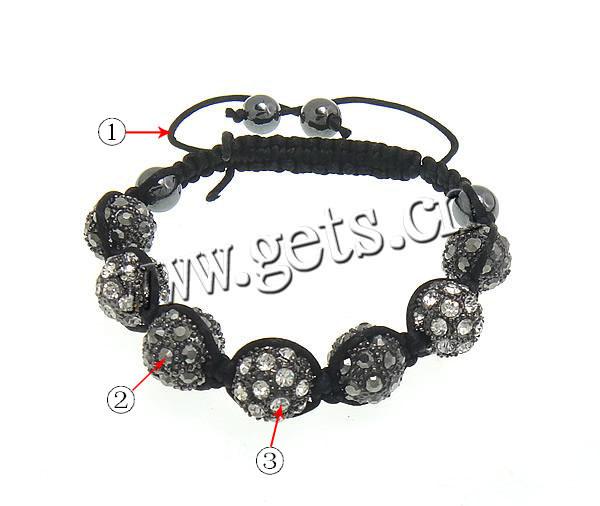 Zinc Alloy Woven Ball Bracelets, with Wax Cord & Hematite, handmade, with A grade rhinestone, more colors for choice, 12mm, 8mm, Length:Approx 6-11 Inch, Sold By Strand