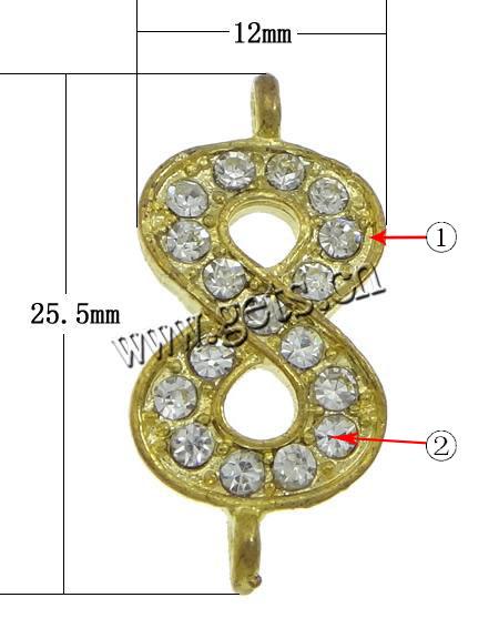 Rheinkiesel Zinklegierung Verbinder, Unendliche, plattiert, Kundenindividuell & mit Strass & 1/1-Schleife, keine, 12x25.5x2.5mm, Bohrung:ca. 2mm, verkauft von PC