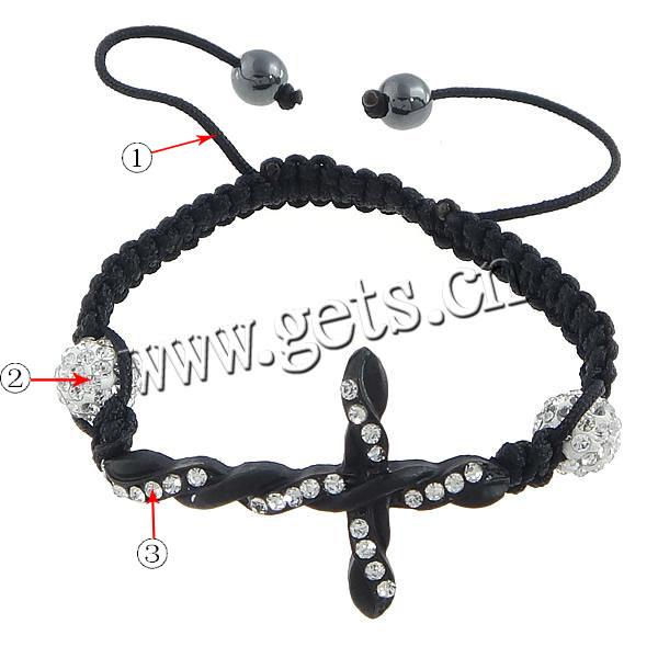 Pulseras de Aleación de Zinc estilo Woven Ball, con Cordón de cera & Abalorios de arcilla analiar de diamantes de imitación & Hematite, Cruces, barnizado, con 45 diamantes de imitación & Modificado para requisitos particulares & con diamantes de imitación, más colores para la opción, 8mm, 10mm, 30x45x4mm, longitud:aproximado 7-11 Inch, Vendido por Sarta