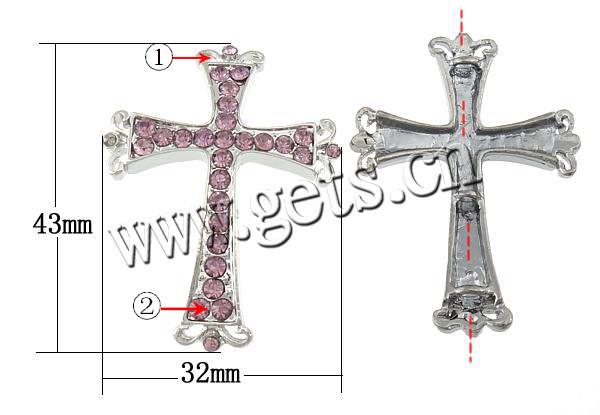 Conector de aleación de Zinc de diamantes de imitación, Cruces, chapado, Modificado para requisitos particulares & con diamantes de imitación, más colores para la opción, 43x32x4mm, agujero:aproximado 3.5mm, Vendido por UD