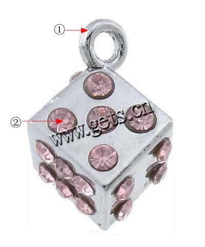 Pendentifs de stras en alliage Zinc, alliage de zinc, cube, Plaquage normal, Personnalisé & avec strass, plus de couleurs à choisir, protéger l'environnement, sans nickel, plomb et cadmium, 11x11mm, Trou:Environ 2mm, Vendu par PC