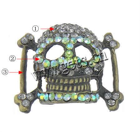 Conector de aleación de Zinc de diamantes de imitación, Calavera, chapado, con diamantes de imitación & 1/1 aro, más colores para la opción, 35.5x30.5x10.5mm, Vendido por UD