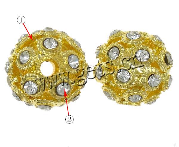 Bola Rhinestone Spacer, diamantes de imitación, con aleación de zinc, Esférico, chapado, hueco, más colores para la opción, libre de níquel, plomo & cadmio, 12mm, agujero:aproximado 2.5mm, Vendido por UD