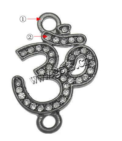 Conector de aleación de Zinc de diamantes de imitación, OM Símbolo, chapado, Modificado para requisitos particulares & con diamantes de imitación & 1/1 aro, más colores para la opción, 20x29.5x2.5mm, agujero:aproximado 3.5mm, Vendido por UD