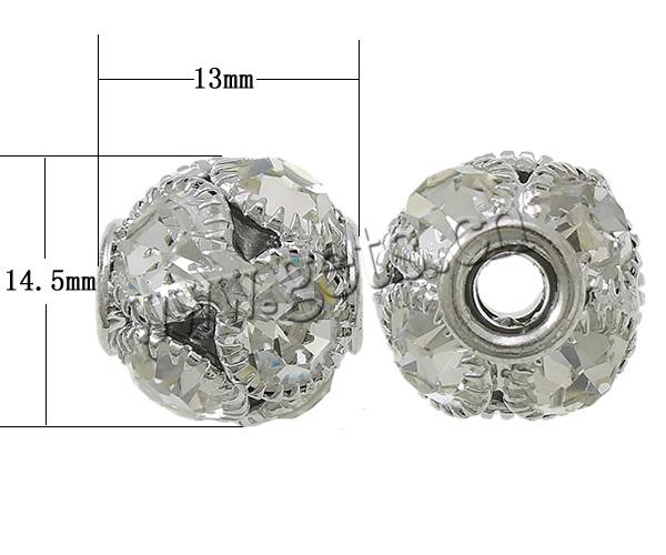 Ball Rhinestone Spacer, Brass, Round, plated, with rhinestone, more colors for choice, nickel, lead & cadmium free, 13x14.5mm, Hole:Approx 3.5mm, Sold By PC