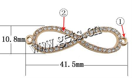 Conector de aleación de Zinc de diamantes de imitación, Número 8, chapado, Modificado para requisitos particulares & con diamantes de imitación de Checo, más colores para la opción, 41.5x10.8x2.8mm, agujero:aproximado 1.5mm, Vendido por UD