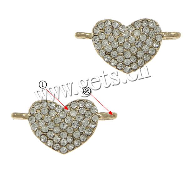 Conector de aleación de Zinc de diamantes de imitación, Corazón, chapado, Modificado para requisitos particulares & 1/1 aro, más colores para la opción, libre de cadmio, 22x11x4mm, agujero:aproximado 2mm, Vendido por UD