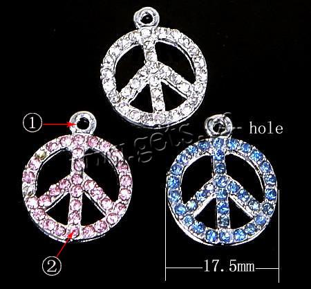 Zinc Alloy paix pendentifs, alliage de zinc, Logo de la paix, Placage, Personnalisé & avec strass, plus de couleurs à choisir, 17.5x17.5x1.8mm, Trou:Environ 1.8mm, Vendu par PC