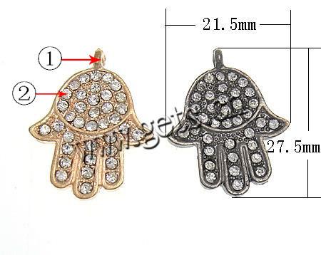 Hamsa Anhänger aus Zinklegierung, plattiert, Islam Schmuck & Kundenindividuell & mit Strass, keine, 21.5x27.5x2.5mm, Bohrung:ca. 2mm, verkauft von PC