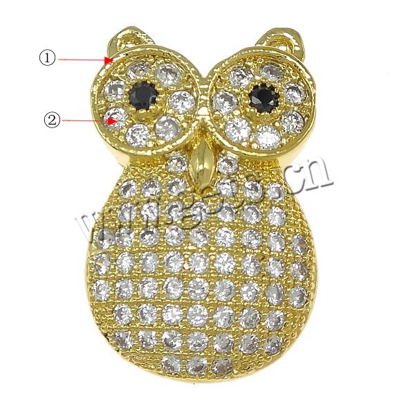 Cubic Zirconia Micro Pave Brass Beads, Owl, plated, micro pave cubic zirconia & hollow, more colors for choice, 13x20x6mm, Hole:Approx 1mm, Sold By PC