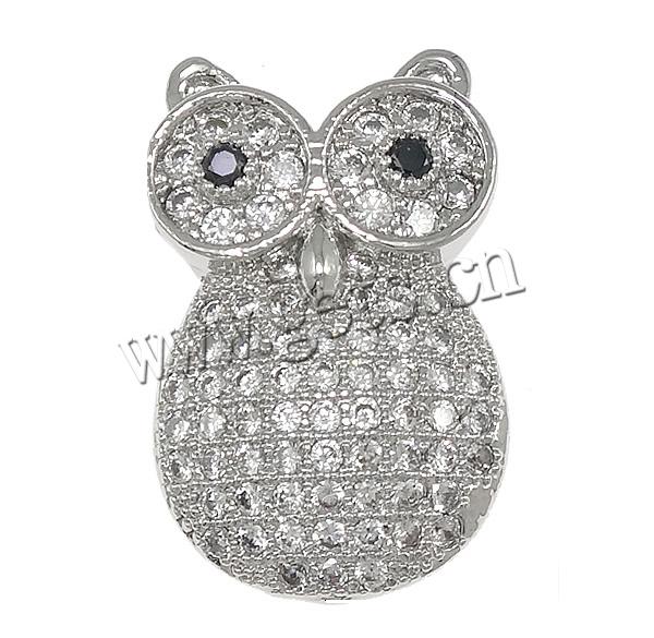 Cubic Zirconia Micro Pave Brass Beads, Owl, plated, micro pave cubic zirconia & hollow, more colors for choice, 13x20x6mm, Hole:Approx 1mm, Sold By PC