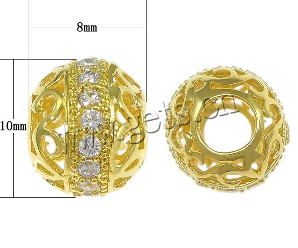 Cubic Zirconia Micro Pave Brass Beads, Rondelle, plated, micro pave cubic zirconia & large hole & hollow, more colors for choice, 8x10mm, Hole:Approx 4mm, Sold By PC