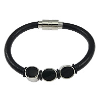 Pulsera de cuero , Cuero de vaca, 316acero inoxidable cierre magnético, esmalte, Negro, longitud:aproximado 9 Inch, Vendido por Sarta