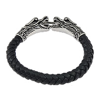 Pulsera de cuero , Cuero de PU, 316acero inoxidable cierre de anillo de primavera, Dragón, trenzado & ennegrezca, Negro, longitud:aproximado 8 Inch, Vendido por Sarta