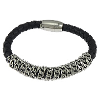 Bracelets de cuir de vachette, cuir de peau de vache, acier inoxydable 316 fermoir magnétique, tressé, noire Environ 8.5 pouce, Vendu par brin