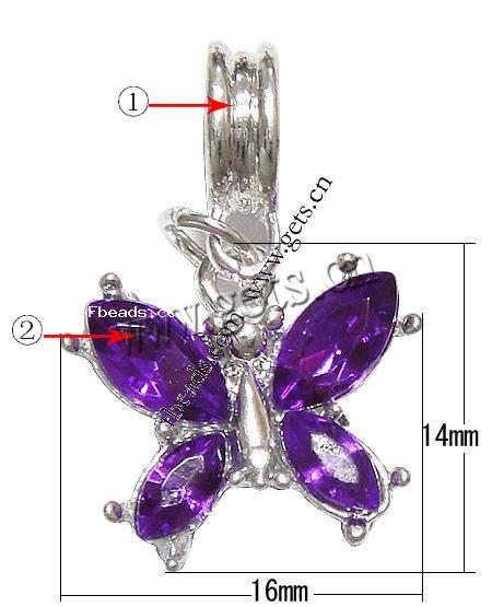 亜鉛合金パンドラ ペンダント, 亜鉛合金, 蝶, メッキ加工, ネジ無 & ライン石のある, 無色, 16x14x4mm, 穴:約 4.5mm, 長さ:25 , 売り手 パソコン