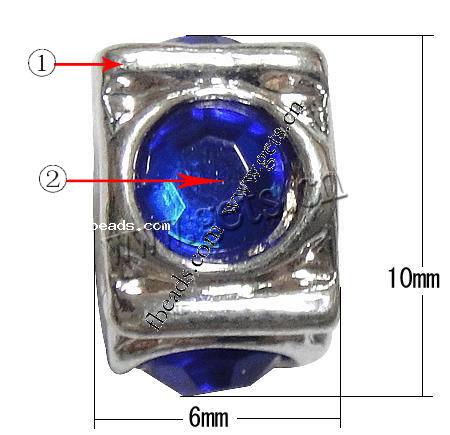 grano Europeo de aleación Zinc con diamante, aleación de zinc, Rectángular, chapado, sin rosca & con diamantes de imitación, más colores para la opción, 10x6mm, agujero:aproximado 4.5mm, Vendido por UD