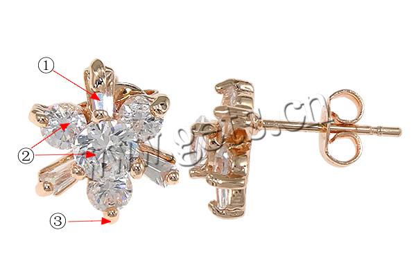 Цирконий Микро вымощает латунь Серьги, Латунь, Форма цветка, Другое покрытие, инкрустированное микро кубического циркония & граненый, Много цветов для выбора, 9x9x15mm, продается Пара