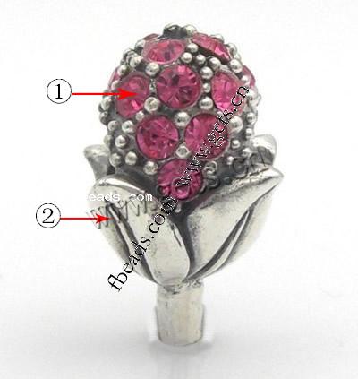 grano Europeo de aleación Zinc con diamante, aleación de zinc, Flor, chapado, con diamantes de imitación, más colores para la opción, 15x8mm, agujero:aproximado 4mm, Vendido por UD