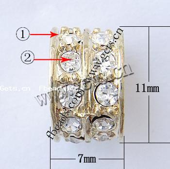 Strass Zink Legierung Europa Perlen, Zinklegierung, Rohr, plattiert, ohne troll & mit Strass, keine, 11x7mm, Bohrung:ca. 5mm, verkauft von PC