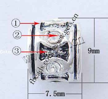 Strass Zink Legierung Europa Perlen, Zinklegierung, Rohr, plattiert, ohne troll & mit Strass, keine, 9x7.5mm, Bohrung:ca. 4mm, verkauft von PC