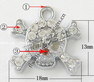 Zinc Alloy Skull Pendants, plated, with rhinestone, more colors for choice, 18x13x4mm, Hole:Approx 2mm, Sold By PC