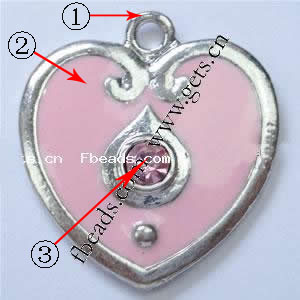 Zinc Alloy Enamel Pendants, Heart, plated, with rhinestone, more colors for choice, 24x22x3mm, Hole:Approx 1mm, Sold By PC