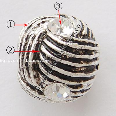 Strass Zink Legierung Europa Perlen, Zinklegierung, Trommel, plattiert, mit Blumenmuster & mit Strass, keine, 12x11mm, Bohrung:ca. 4mm, verkauft von PC